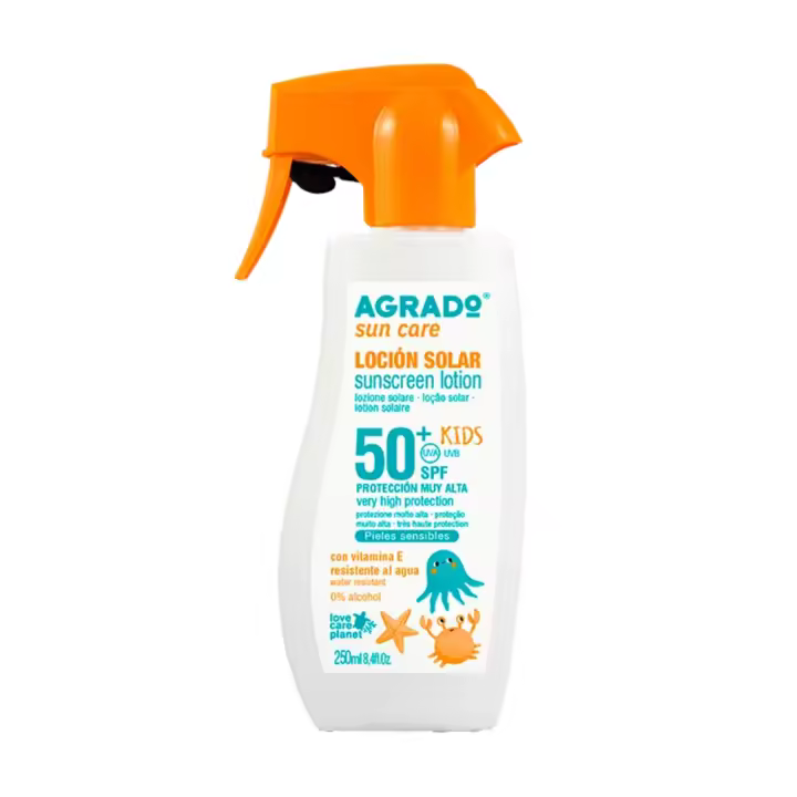 Agrado Loción Solar Infantil SPF50+  250ml | Protección niños Alta con Pistola, Piel Sensible, Sin Alcohol y Resistente al Agua - 1
