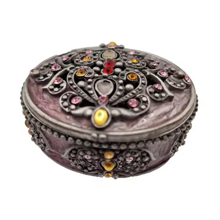 Cajita decorativa estilo vintage de metal con brillantes incrustados y motivos geométricos multicolor 6 x 6 cm aprox. con tapa con imán - diseño elegante - materiales de calidad robusta y exquisita mano de obra - ideal para decoración o regalo - 1