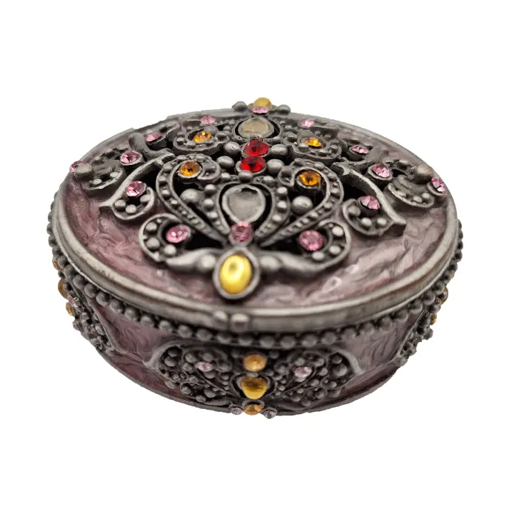 Cajita decorativa estilo vintage de metal con brillantes incrustados y motivos geométricos multicolor 6 x 6 cm aprox. con tapa con imán - diseño elegante - materiales de calidad robusta y exquisita mano de obra - ideal para decoración o regalo - 1