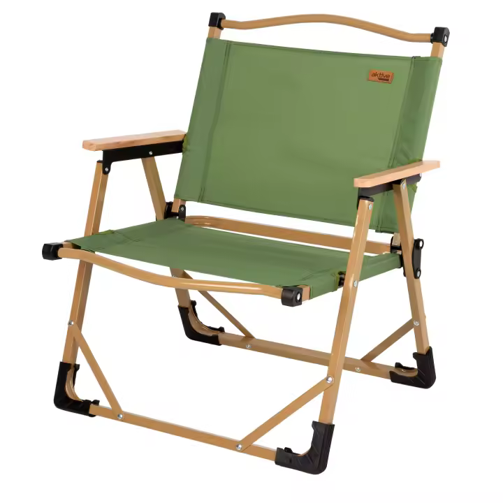 Aktive - Silla plegable camping, estilo glamping, color verde, incorpora topes antivuelco, soporta un peso máximo de 110 kg, estructura acero, tejido poliéster, reposabrazos madera, sillas plegables de camping - 1