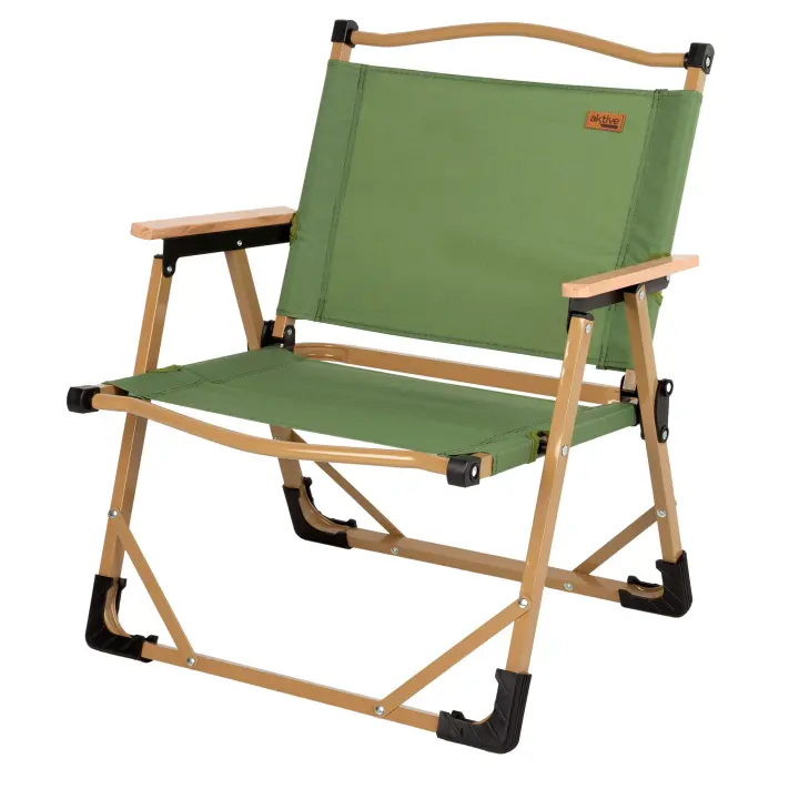 Aktive - Silla plegable camping, estilo glamping, color verde, incorpora topes antivuelco, soporta un peso máximo de 110 kg, estructura acero, tejido poliéster, reposabrazos madera, sillas plegables de camping - 1
