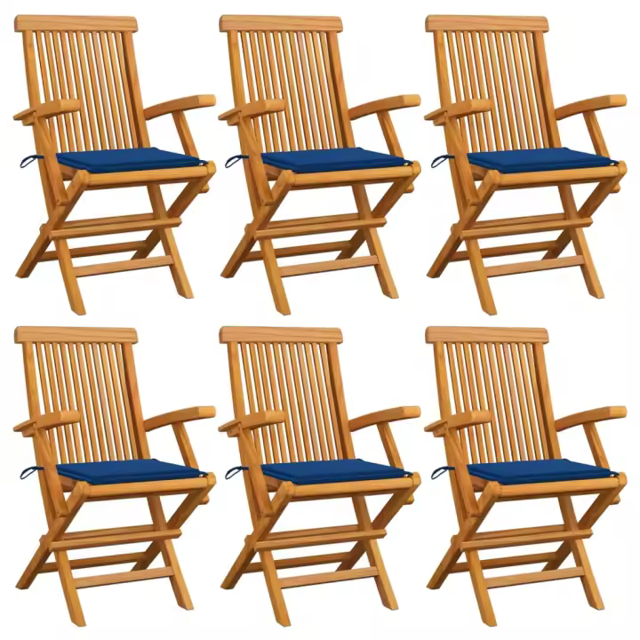 vidaXL Sillas de jardín 6 uds madera teca con cojines azul real - 1