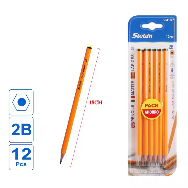 Stelam Lápices HB o 2B con Goma – Pack de 12 Unidades | Lápices de Madera Hexagonales de 18 cm para Escritura y Dibujo | Pack Ahorro Escolar y Oficina （HB o 2B） - 1