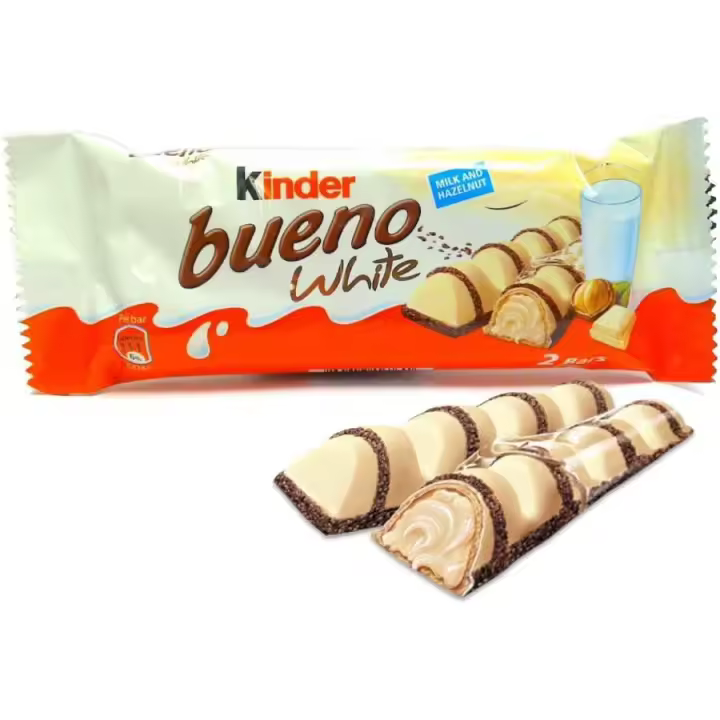 Kinder Bueno White ,Caja de 30 unidades,Barritas de Chocolate Blanco y Barquilo,White barritas de chocolate blanco y avellanas 32 unidades - 1