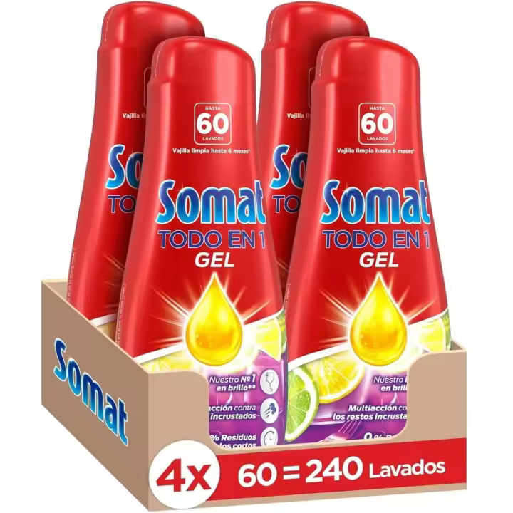 Somat Todo En 1 Gel Lima Y Limón 60 Dosis, Pack Ahorro 4X60 Total 240 Lavados, Jabón Lavavajillas Con Gran Poder De Limpieza Para Ciclos Cortos, Vajilla Brillante, - 1