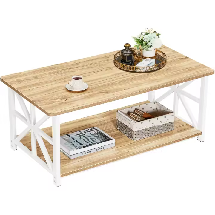 Mesa de Centro con 2 Estantes, 100cm Mesa de Café con Redonda, Tablero de Estilo de Moderno en Macro de para la Salón, Beige - 1