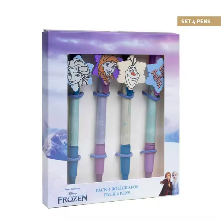 Tradineur - Pack de 4 boligrafos de Frozen con tinta en color negro, diseños distintos y alegres con gomas para intercambiar. Medidas caja: 13,7 x 16 cm. Set bolis licencia oficial Disney - 1