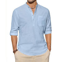 Camisa De Algodón Y Lino Para Hombre Manga Larga Estilo Casual Para Playa Camiseta Henley Con Bolsillo Top De Vacaciones Streetwear - details 4
