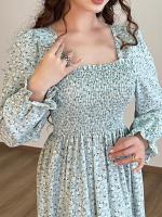 Vestido Midi De Mujer Casual Primavera Otoño Largo Manga Cuello Abierto Floral Impresión A-Line Vestido De Chiffón Con Cintura Elástica Y Cremallera En La Cintura - details 17