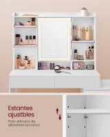 Tocador moderno con luces led ajustables, mesa de maquillaje con espejo, compartimentos y estantes ajustables, blanco nube - details 5