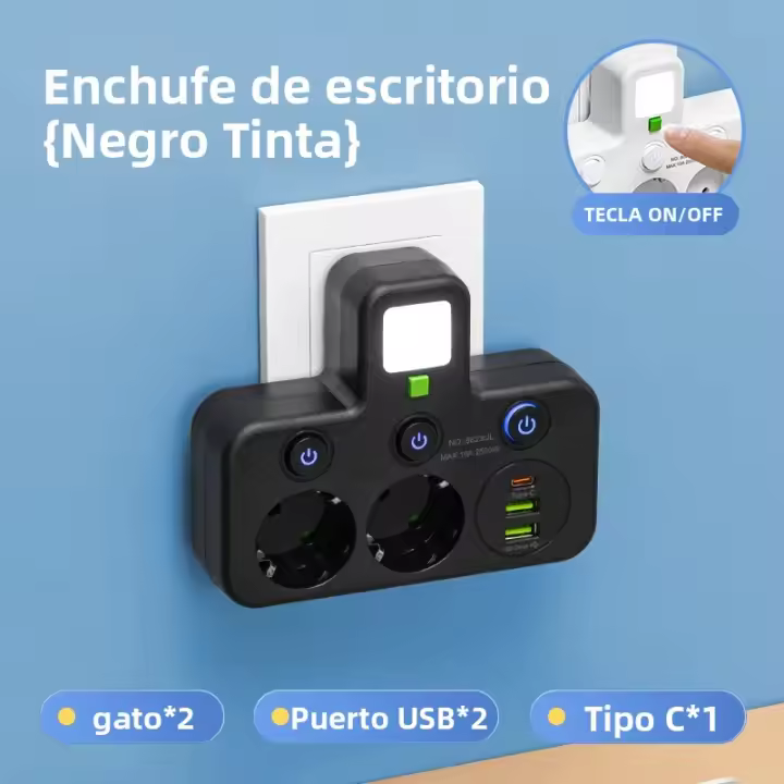 Enchufe De Pared Con Multiple De Salidas AC Y USB Tipo C Con Filtro De Red Y Interruptor Separado Adaptador Universal Con Luz EU Plug - 1