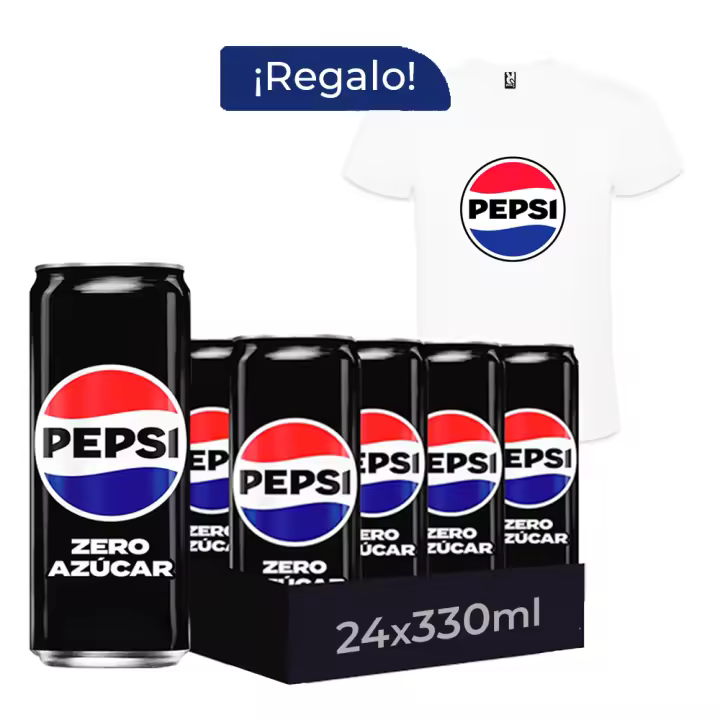Pack Regalo Pepsi Max Zero Azúcar Refresco de Cola 24 Latas x 330 ml + Camiseta, Máximo Sabor, Bebida Gaseosa, Ideal para Compartir y Refrescarte en Cualquier Momento - 1