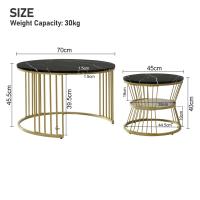 Set de 2 Mesas de Centro Nido, 70/45 cm, Tablero Negro Efecto Mármol, Estructura Metálica Dorada, Mesas Auxiliares Redondas para Salón - details 0