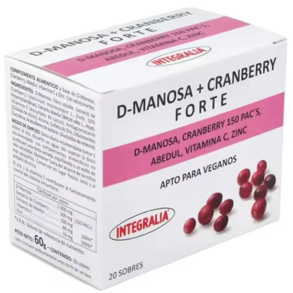 Integralia D-Manosa + Cranberry Forte – Suplemento Natural para la Salud Urinaria con Arándano Rojo, Abedul, Vitamina C y Zinc 20 Sobres - 1