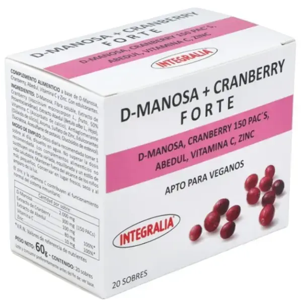 Integralia D-Manosa + Cranberry Forte – Suplemento Natural para la Salud Urinaria con Arándano Rojo, Abedul, Vitamina C y Zinc 20 Sobres - 1