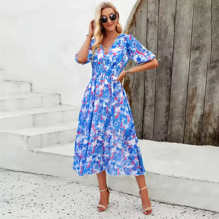 2024 Spring and Summer Vacation Casual Printed Waist V-Neck Long Dress - 1