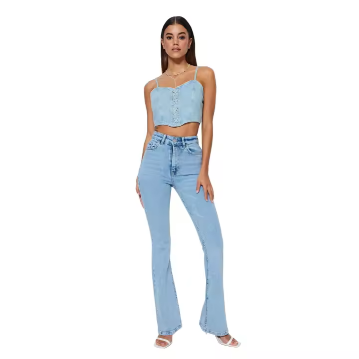 Trendyol Dark Blue More Sustainable High Waist Flare Jeans Twoss23Je00063 - 1