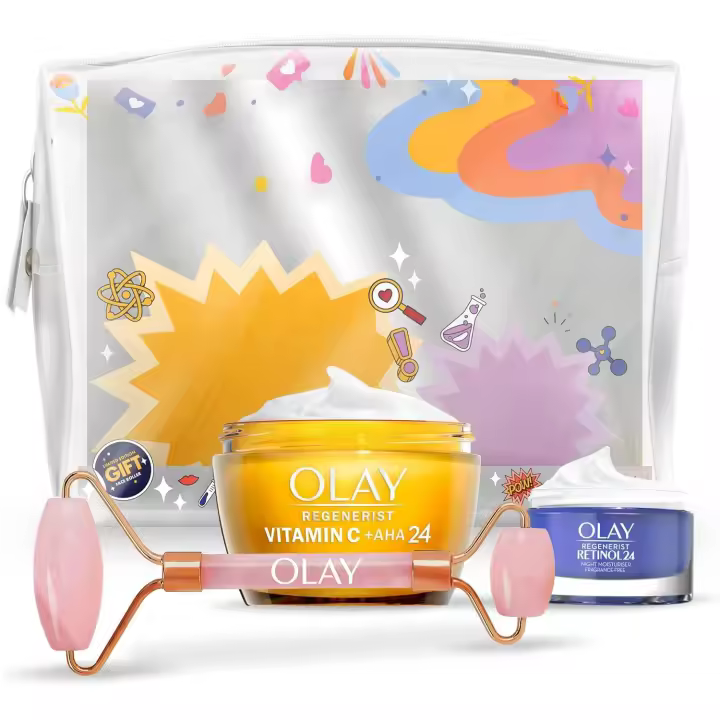Olay | Set De Regalo Con Neceser Y Face Roller Gratis, Regenerist Gel Crema De Día Vitamin C + AHA24 50ml Y Retinol Crema de Noche Con Niacinamida, Péptidos Y Complejo Retinoide 15ml - 1