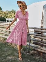 Vestido Largo Medio Casual De Rayas Para Mujer Con Borlas Cuello V Manga Corta Estilo A-Line Primavera Verano Polyester - details 3