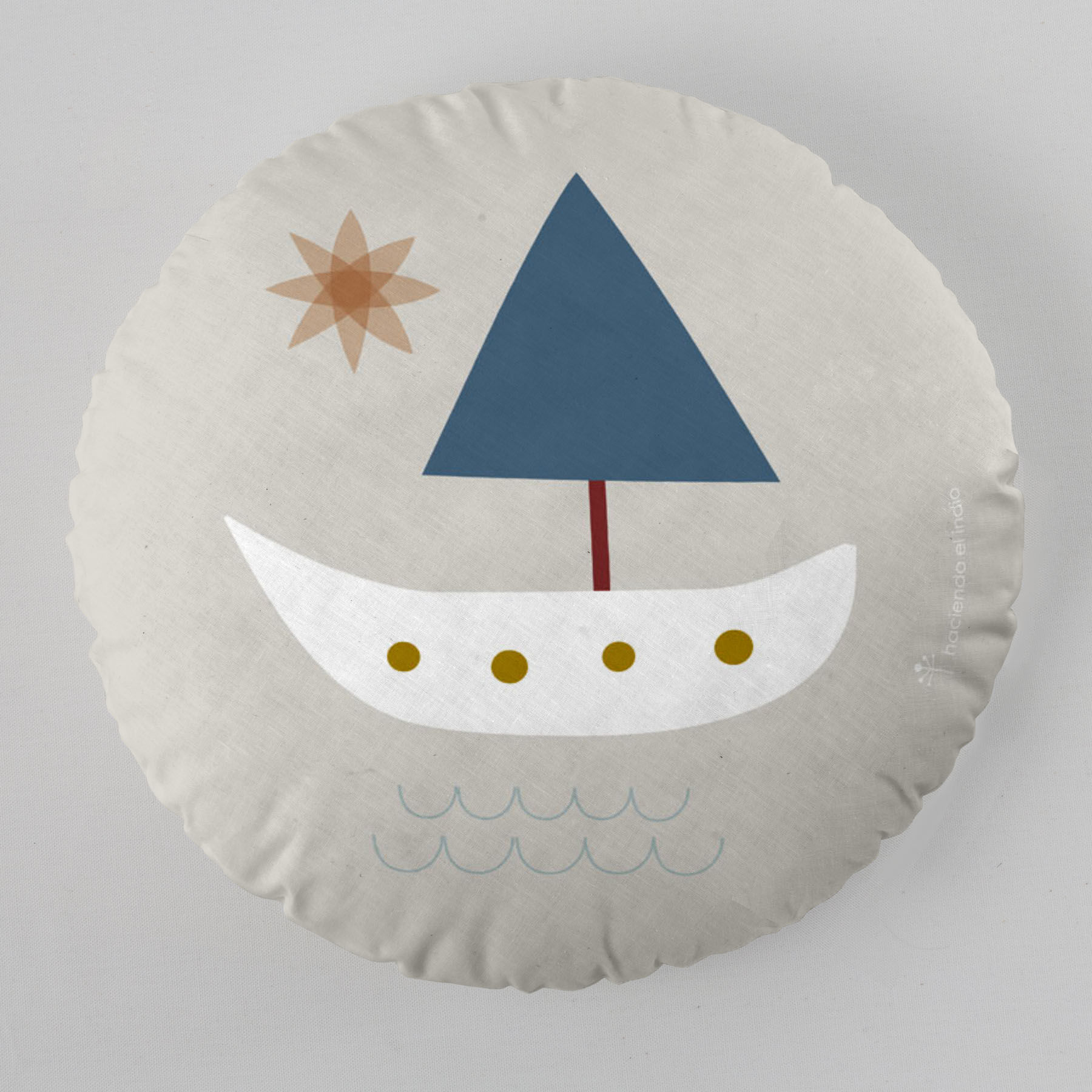 COJIN REDONDO INFANTIL CON RELLENO SUSANITA AZUL 40 CM DIAMETRO HACIENDO EL INDIO FABRICADO EN ESPAÑA