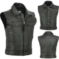 Chaleco De Cuero Para Hombre Estilo Biker Sin Mangas Color Sólido Con Bolsillo Grande Chaqueta Casual De Cuero Sintético Vintage Tallas S-5XL - details 0