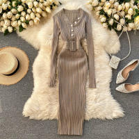 Vestido Bodycon Elegante De Mujer REALEFT Otoño Invierno 2024 Con Cinturón Y Botones De Manga Larga Estilo Casual Longitud Pierna - details 3