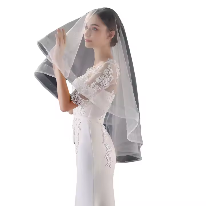 Velo De Novia En Blanco Dos Capas Corto Tulle Con Borde De Cinta Vestido De Novia Complementos De Boda Para Mujeres - 1