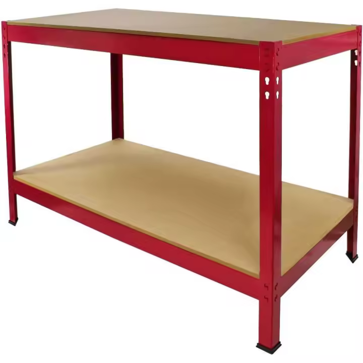 Mesa Trabajo Metálica Q-Rax Sin Tornillos Roja 90x100x60cm Banco Trabajo Taller Garaje Bricolaje Red Metal Workbench Estante Ajustable Altura con Capacidad 200kg + Pies de Goma Protectores GRATIS - 1