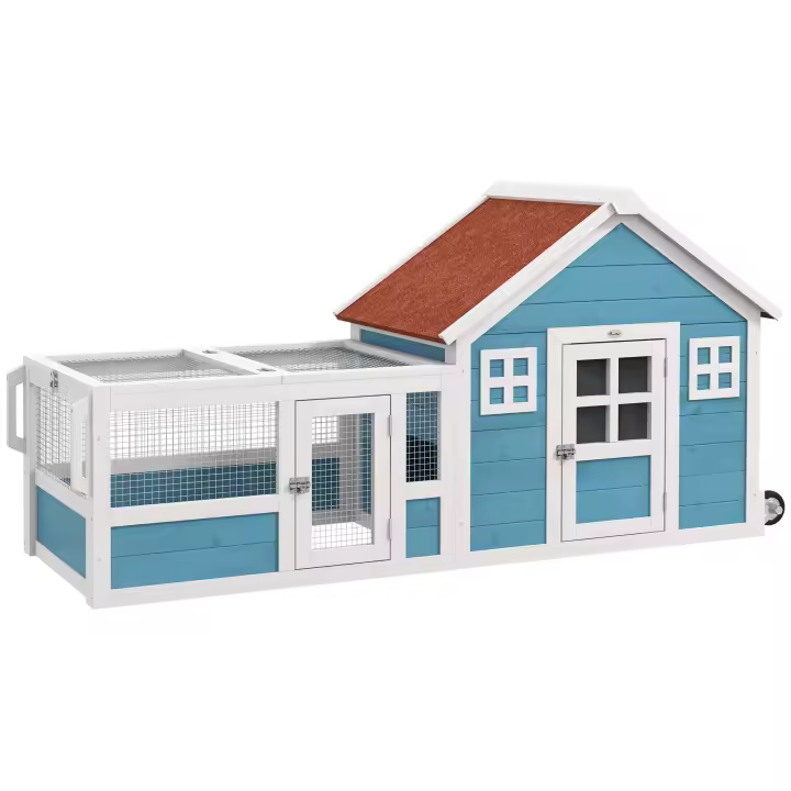 PawHut Conejera Exterior de Madera 162,5x59,2x77,6 cm Jaula para Conejo Grande con 2 Ventanas de Decoración 2 Ruedas 1 Puerta 1 Rampa y Techo de Asfalto Azul - 1