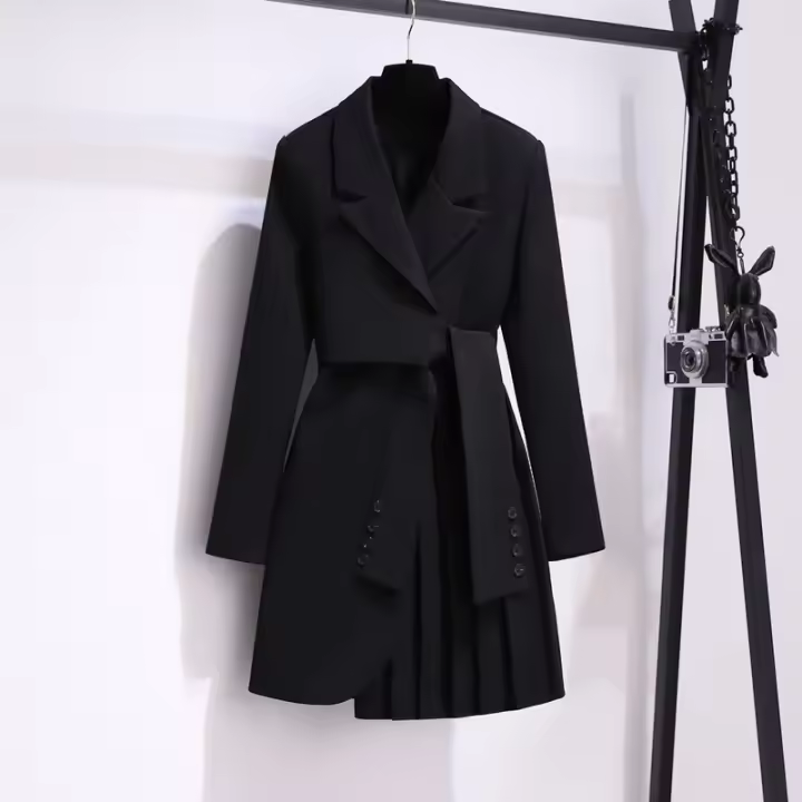 Vestido Traje Nueva 2024 Manga Larga Estilo Coreano En Caqui Blanco O Negro Con Cinturón Plisado Adecuado Para Invierno Ropa Caliente Para Mujer - 1