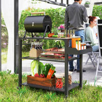 Outsunny Carrito de Parrilla de 3 Niveles Carrito de Barbacoa Carrito de Servicio con 4 Ruedas Estantes y Asa Mesa de Horno de Pizza para Jardín Patio Negro - details 1
