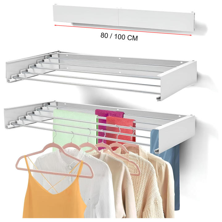KingnetStore - Tendedero de Pared Tendedero Extensible de Diseño Compacto Tendedero de Ropa Plegable ideal para Baño o Balcón. Tendedero Plegable de Pared, Retráctil con 30 kg de Capacidad Aluminio Resistente. Blanco/Negro 80/100 CM con 5 Barras Ajustable