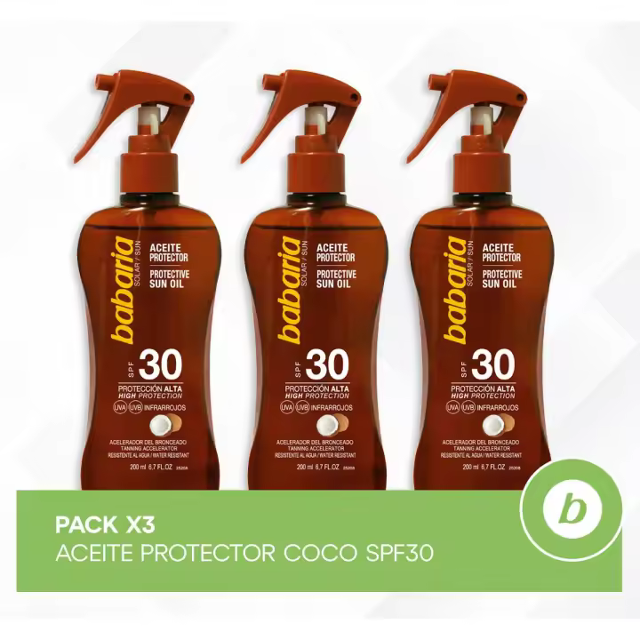 Babaria Pack 3x Aceite Protector Coco SPF30: Protección Solar y Potenciador del Bronceado para una Piel Radiante - 1