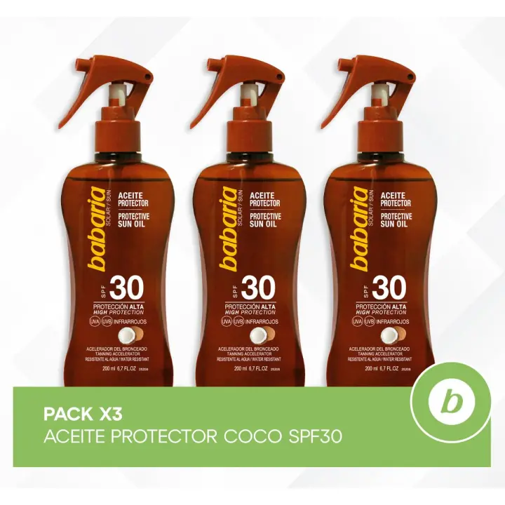 Babaria Pack 3x Aceite Protector Coco SPF30: Protección Solar, Potenciador del Bronceado y Absorción Inmediata para una Piel Radiante 200ml - 1