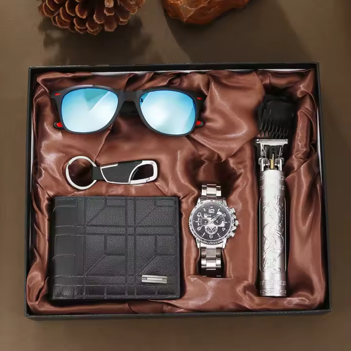 Juego De 5 Regalos Para Hombre Reloj De Cuarzo De Acero Versátil Y Moda Con Solares Y Cortauñas Estuche De Regalo - 1