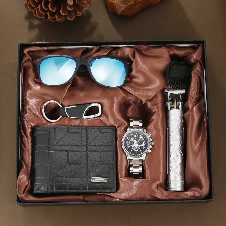 Juego De 5 Regalos Para Hombre Reloj De Cuarzo De Acero Versátil Y Moda Con Solares Y Cortauñas Estuche De Regalo - 1