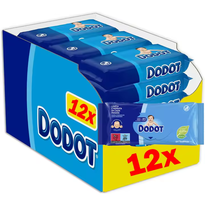 Toallitas DODOT húmedas infantiles con fibras de origen vegetal recambio 64 unidades - 12 paquetes - 1