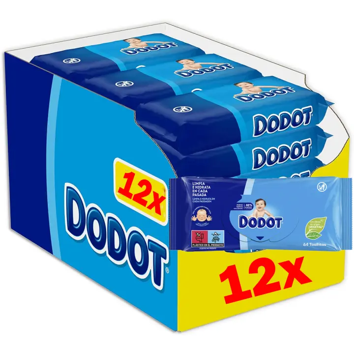 Toallitas DODOT húmedas infantiles con fibras de origen vegetal recambio 64 unidades - 12 paquetes - 1