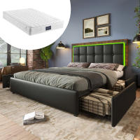 Estructura de Cama with Bar De Luz LED Y 4 armarios Cama Doble Cama Upholsted 140x200 cm, cabecera ajustable en Altura, Cama functional, PU Negro (with colchón) - details 5