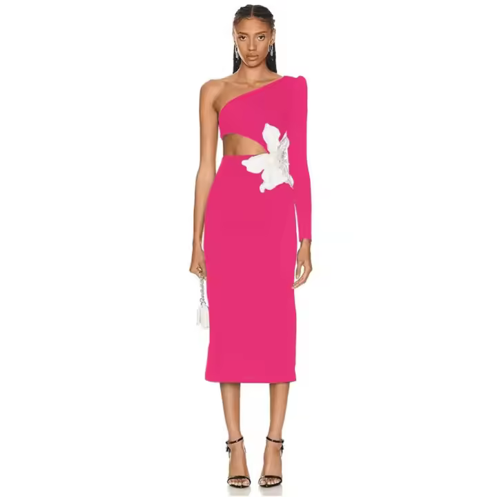 Vestido Bandage De Mujer De Largo Con Manga One Shoulder Decoración Floral Sexy Para Fiesta Y Noche Corte Midi Con Hueco - 1