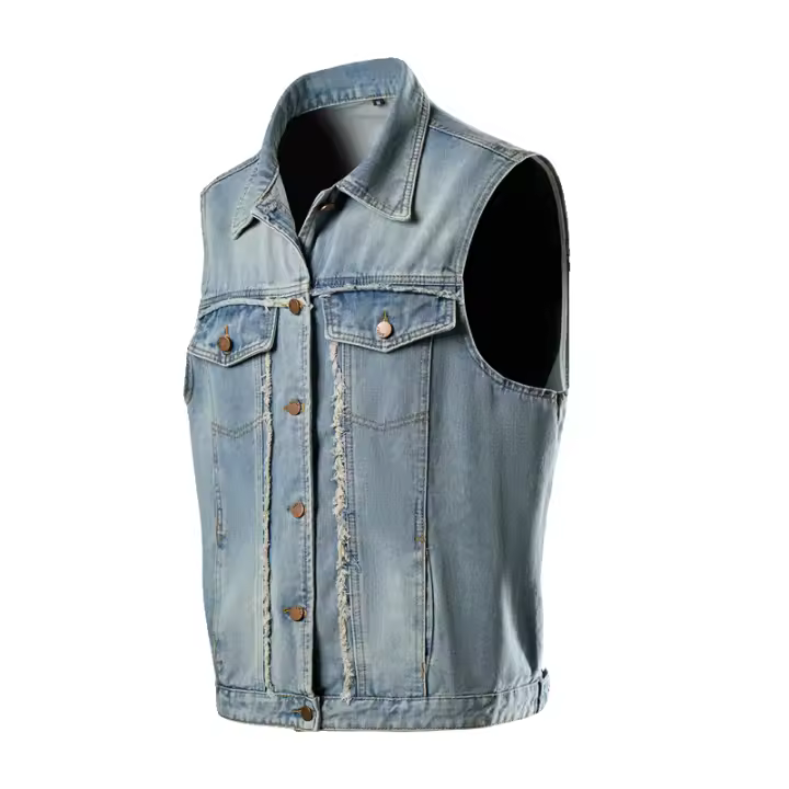 Chaqueta De Jean Sin Mangas Para Hombre Azul Estilo Vaquero Chaqueta De Pecho De Desechable Cierre Único Estilo Casual Primavera Y Otoño - 1