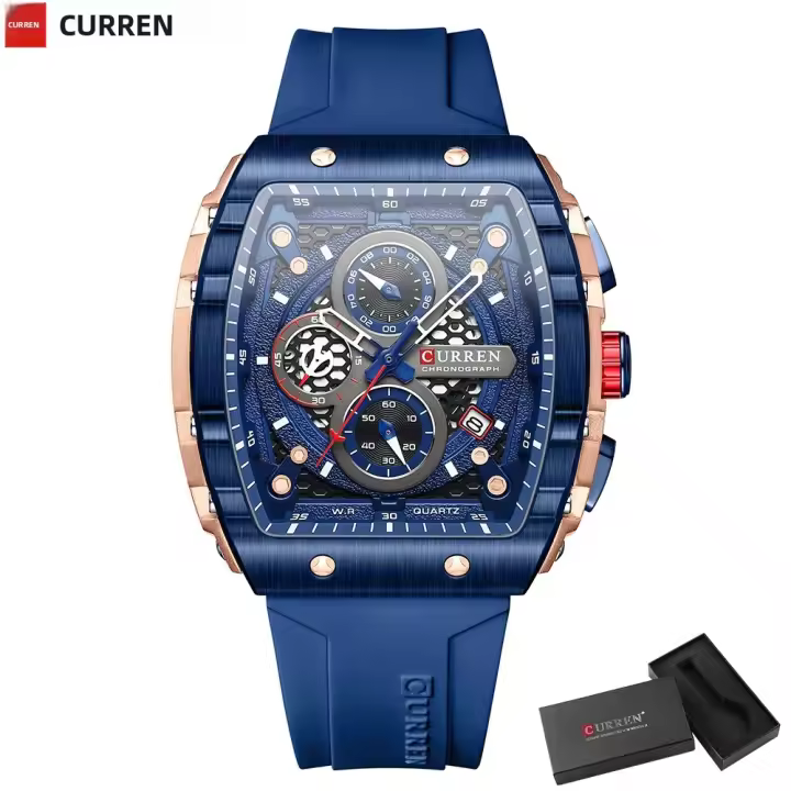 Reloj De Pulsera CURREN De Negocios Con Dial Grande Y Cuadrado Deportivo Cuarzo Correa De Silicona Manos Luminosas Resistentes Al Agua - 1