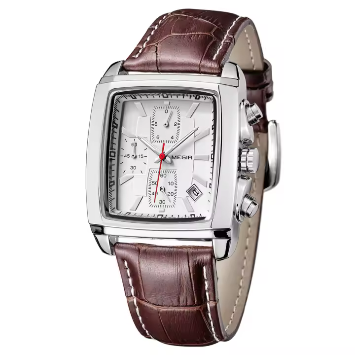 Reloj De Cuarzo Para Hombre Megir Con Correa De Cuero Y Dial Rectangular Cronógrafo Azul Estilo Casual Resistentes Al Agua - 1