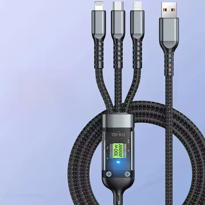 Cable De Carga Rápida 100W 3 En 1 LED Transparente Para Teléfono Móvil Tipo-C Android Longitud 1.2M Carga Rapida 6A Material Braided - 1