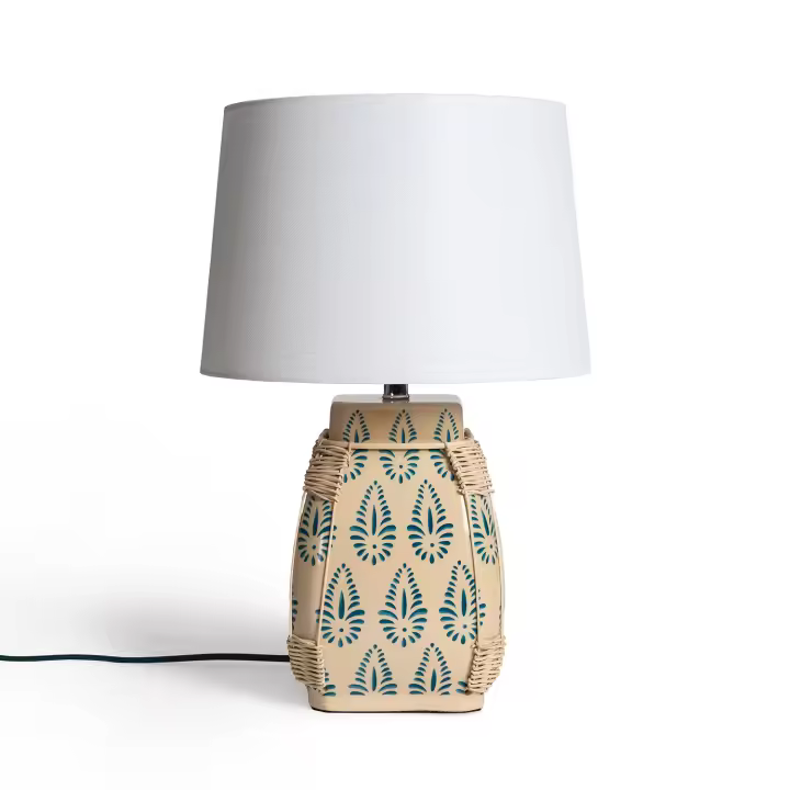 LEDKIA LIGHTING - Lámpara de Mesa Ariché | Diseño Artesanal Mediterráneo | Base Cerámica y Ratán | Requiere 1 Bombilla E27 | Para Salón y Dormitorio, Blanco, Tela y Cerámica - 1