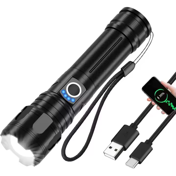 LINTERNA LED TACTICA RECARGABLE LED XHP50 ALTA POTENCIA Y GRAN RANGO DE AMPLITUD DE LUZ - CARGA USB 5 MODOS LUZ. 2 Super Brillante Potente - INDICADOR DE CARGA Y ENCENDIDO - PARA CAMPING Y ACTIVIDADES AL AIRE LIBRE - 1