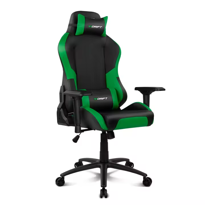DRIFT DR250G - Silla Gaming Profesional, polipiel, reposabrazos ajustable 4D, piston clase 4, asiento basculable, altura regulable, respaldo reclinable, cojines lumbar y cervical, color negro/verde - 1