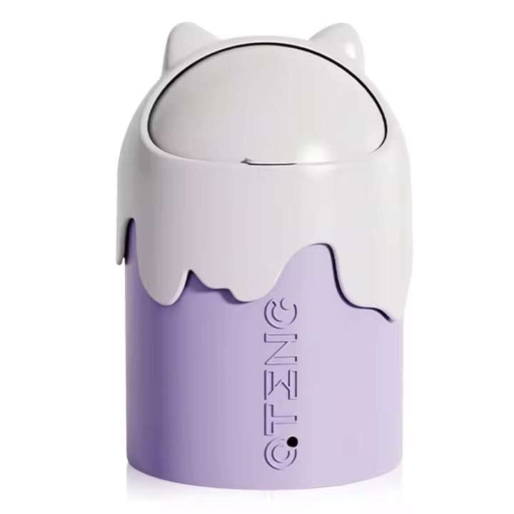 Mini Trash Can Small Wastebasket with Lid Bathroom Trash Can Office Waste Bin for Bathroom, Kitchen, Office, Cute Cartoon Style Portable Garbage Can (Purple Cat Ears) - 1