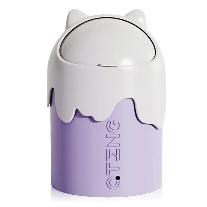 Mini Trash Can Small Wastebasket with Lid Bathroom Trash Can Office Waste Bin for Bathroom, Kitchen, Office, Cute Cartoon Style Portable Garbage Can (Purple Cat Ears) - 1