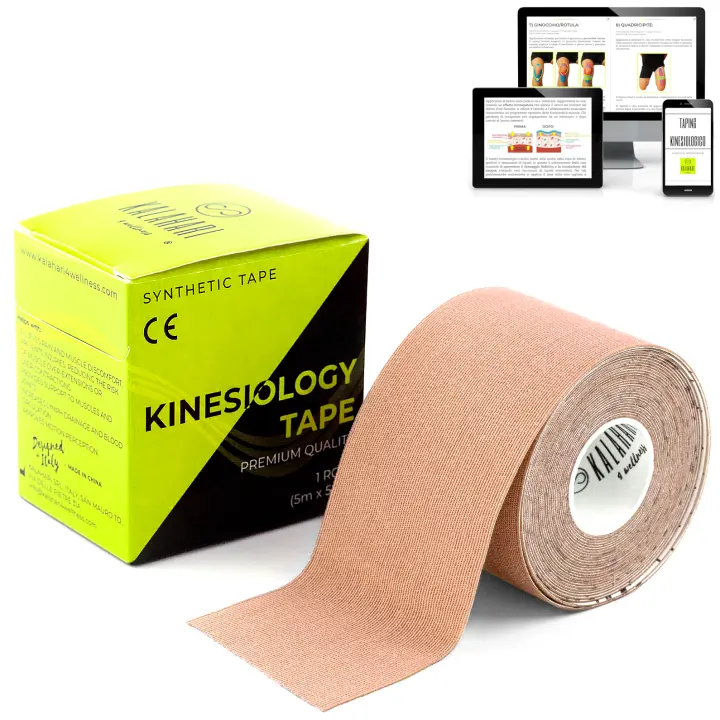 KALAHARI 1 X Rollo Cinta Kinesiologica Profesional más E-Book Manual Aplicación en Español - Synthetic Kinesiology Tape para una mejor adhesión y Resistencia al Agua y al Sudor - (5cm x 5m) MEAT - 1